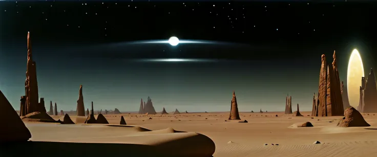 Un primer plano de un desierto con una luna en la distancia, Barsoom, Vereshchagin, Planeta Arrakis, an alien landscape, Filmed Sci-Fi Movie, an alien landscape view, Through an alien landscape, Bonestell, Jodorowkys Dune movie, alien landscape, scifi land...