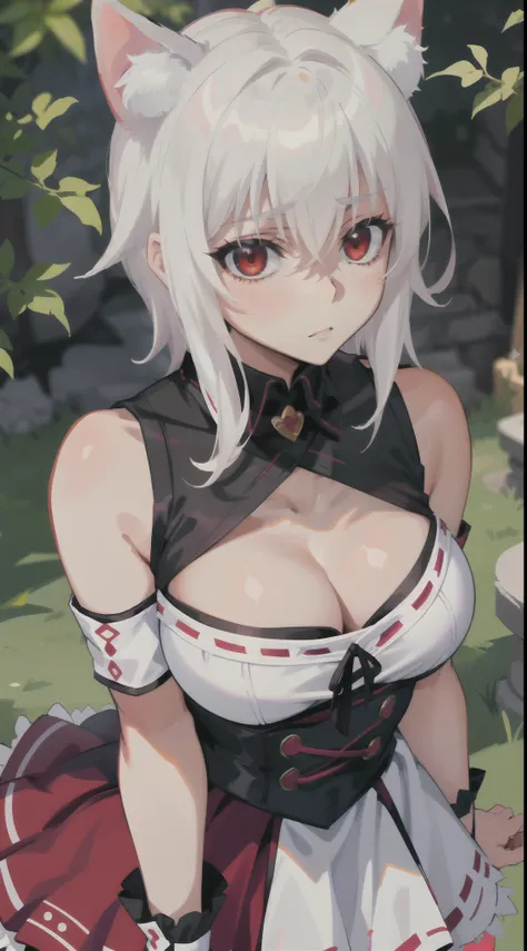 Best Quality, (Masterpiece:1.2), High Detailed, Cat Ears, 1girl, solo, tojo koneko, red eyes, white hair, short hair, hair decoration, cleavage, erotica, sleeveless, close-up, healthy skin, cowboy shot, outdoor, ((((elegant clothes, goddess)))).