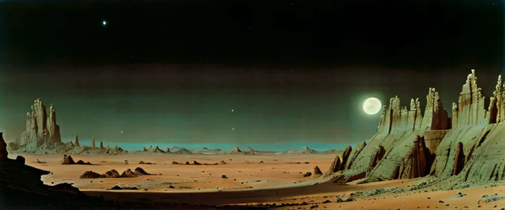 Un primer plano de un desierto con una luna en la distancia, Barsoom, Vereshchagin, Planeta Arrakis, an alien landscape, Filmed Sci-Fi Movie, an alien landscape view, Through an alien landscape, Bonestell, Jodorowkys Dune movie, alien landscape, scifi land...