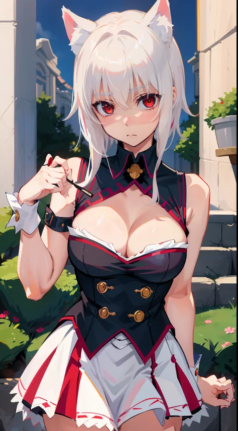 Best Quality, (Masterpiece:1.2), High Detailed, Cat Ears, 1girl, solo, tojo koneko, red eyes, white hair, short hair, hair decoration, cleavage, erotica, sleeveless, close-up, healthy skin, cowboy shot, outdoor, ((((elegant clothes, goddess)))).