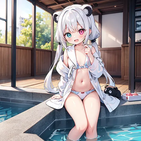 8K，超高分辨率，（tmasterpiece，best qualtiy：1.2），A high resolution，high detal，A petite girl，Cute anime girls，Black panda ears，White color hair，Heterochromic pupils，long whitr hair，pigtails，Laughing，Blush，Wearing a bathrobe，inside in room，common bathing pool，Sit ne...