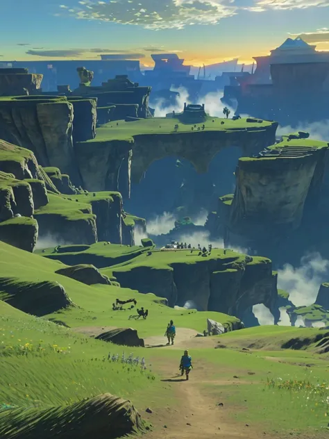 a epic landscape of the lengend of zelda, hyrule field, (epic scene, cinematic:1.2), botw style