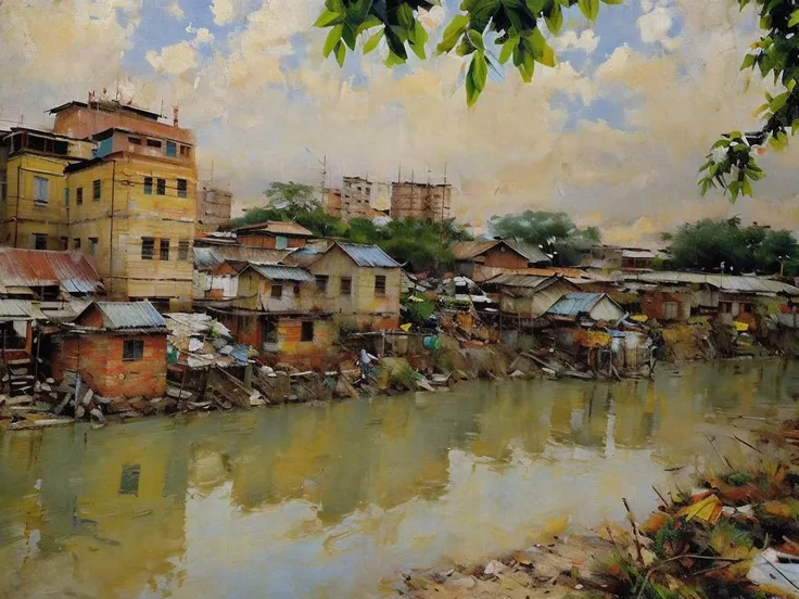 building along a river，There are several ships in the water, building along a river, mud and brick houses, the neat and dense buildings, poor buildings, Some houses in the background, Buildings in the distance, favela, urban view in the distance, backgroun...