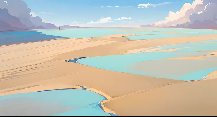 (anime style background, anime background illustration:1.3), (high quality, high resolution), (empty, flat:1.3), flat empty sand ground, (blue sky with white clouds), desert landscape,