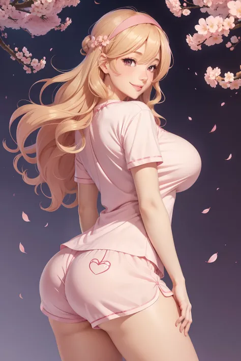 Best quality, solo mature woman, gigantic breasts, huge ass, voluptuous, bimbo, long curly ash blonde hair, soft headband, cherry blossom pink eyes, full lips, seductive, smiling, cute pj top, cute pj shorts, love handles, anime style, flat vector art