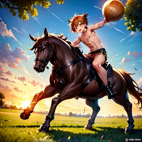 (young boy) , centaur , shota , jousting, young boy riding male centaur