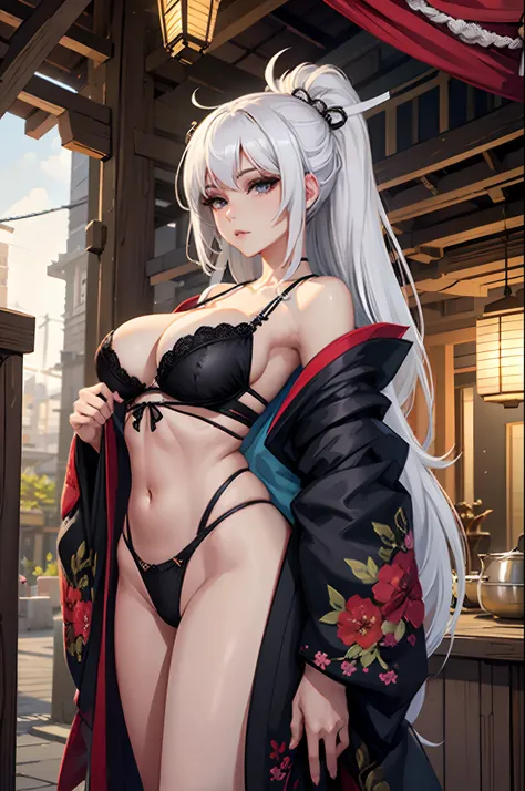 1 girl in black kimono posing for a picture, white hair, open v chest clothes, long hair, kimono, palace, white bra, white thong