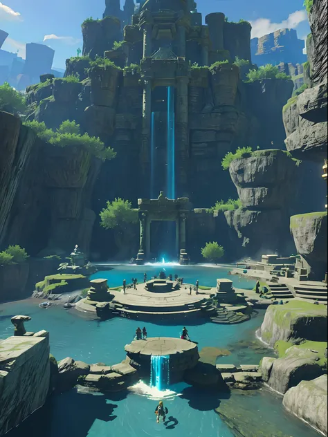 a epic landscape of the lengend of zelda, zoras cascade, water temple, (epic scene, cinematic:1.2), botw style