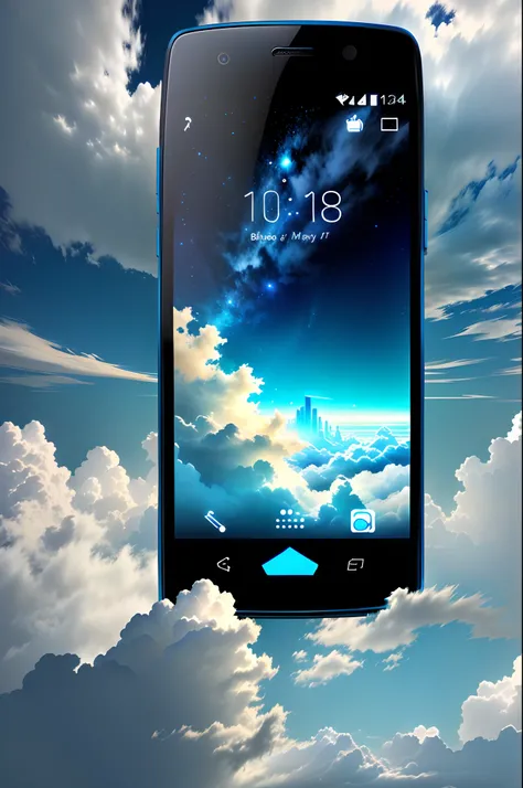 Close-up of a mobile phone in the cloud, smartphone, A mystical environment, Technology meets fantasy, Futuristic phone，surrounded in clouds and light, Mobile phones in the air, sitting on the cosmic cloudscape, Otherworldly technology, High-tech mobile ph...