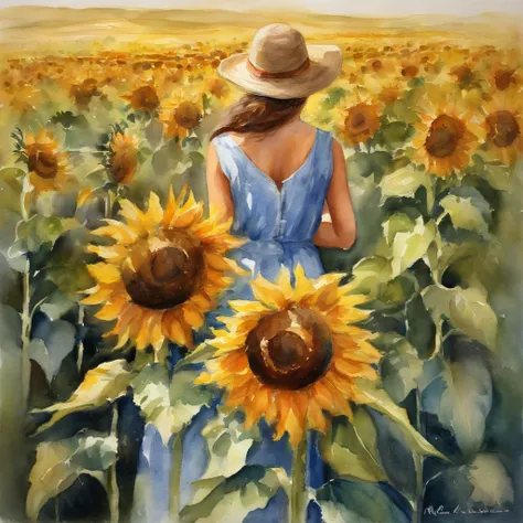 sunflower fields、Rear view of a beautiful girl、rays of sunshine