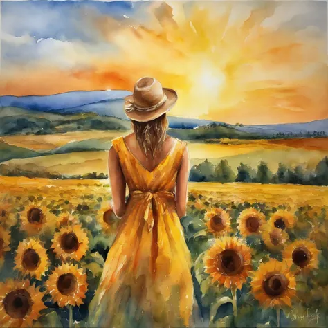 sunflower fields、Rear view of a beautiful girl、rays of sunshine