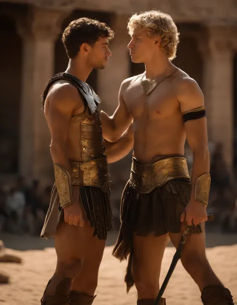 photo of two young men in gladiator armor, kissing. One has wavy blond short hair, the other has black curly short hair. Wearing (loincloths:1.3), shoulder armor, bicep cuffs, bracelets. Two (handsome:1.1) young men, 20 years old, (slender athletic body:1....