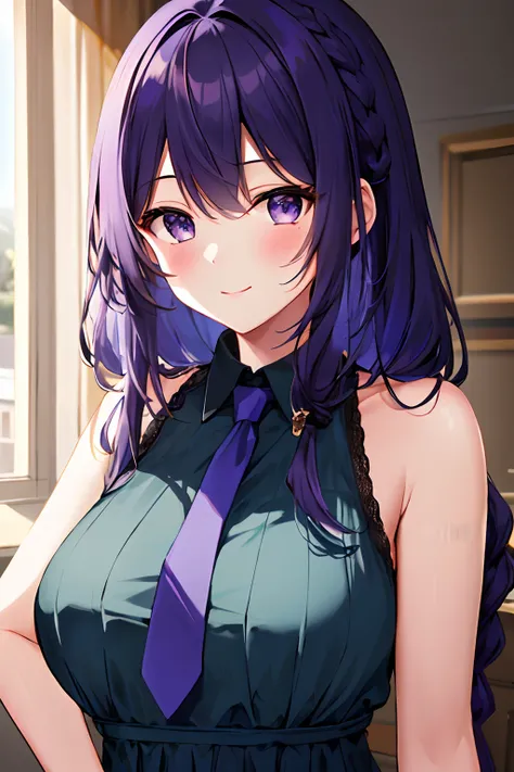 masterpiece, high quality, 8k, beautiful lighting, 1girl, solo, LoRA, blue necktie, long olive green dress, mid-back length, dark-purple hair, that has chin-length bangs hanging on either side, light purple eyes, beauty mark under right eye, mommy, Braid h...