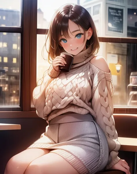 A beautiful and detailed portrait, happy, blue eyes, short brown hair, (white warm sweater:1.5), (tight skirt:1.5), sitting at a booth, (very fat:1.5), cityscape, inside, window, coffee shop, solo, bare shoulder, table, sitting across, point of view, cofee...