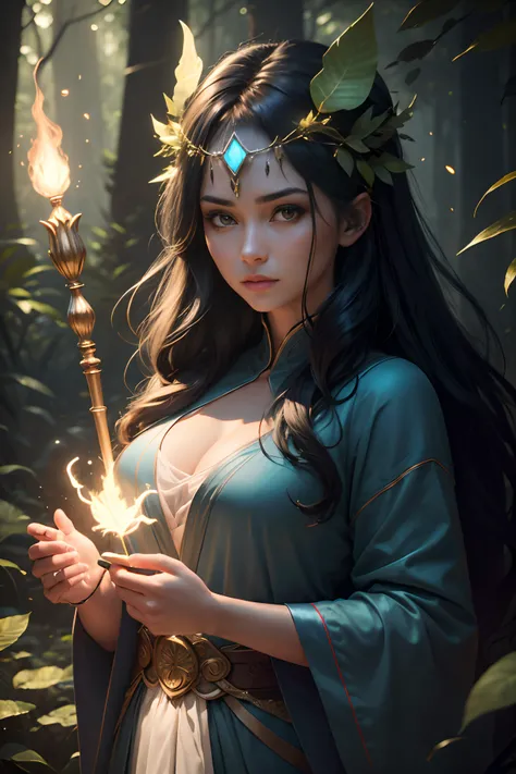 8K,Photorealsitic, Raw photography, top-quality;1.4) ,　(One female 36 years old),　Super beautiful,　(Lifelike face),　blue-black hair,　Cyan silk robe,　green decoration, glares,　holding a staff,　forests,　realisitic,　Precise details,　unrealengine,　Beautiful ex...