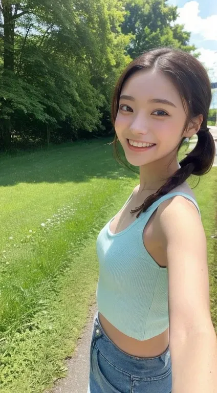 Teenage girl in tank top wearing a niskirt、While shaking the bright twin tails、Walking through a live-action landscape。Beautiful nature spreads out in the background、Blue skies and lush green meadows catch your eye。The little girl smiles and waves at the c...