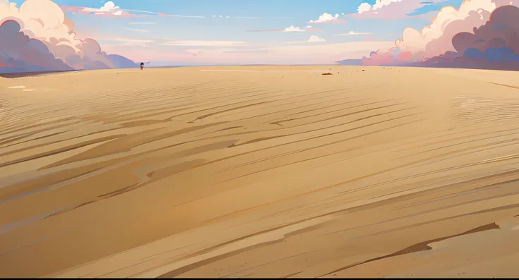 (anime style background, anime background illustration:1.3), (high quality, high resolution), (empty, flat:1.3), flat empty sand ground, blue sky with white clouds, desert landscape,