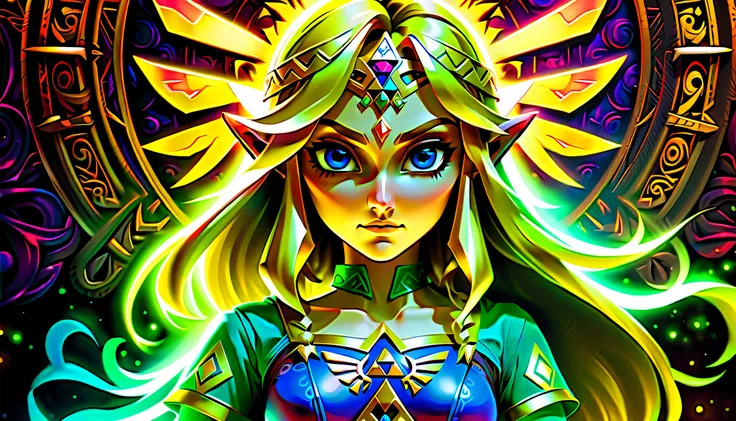 Legend of Zelda character of Princess Zelda oil paint illustration, beautiful detail glow, smooth and flowless skin, hauntingly beautiful death god with aura of holy, legend of Zelda logo of masterfully executed wall mural background intricate detail, stro...