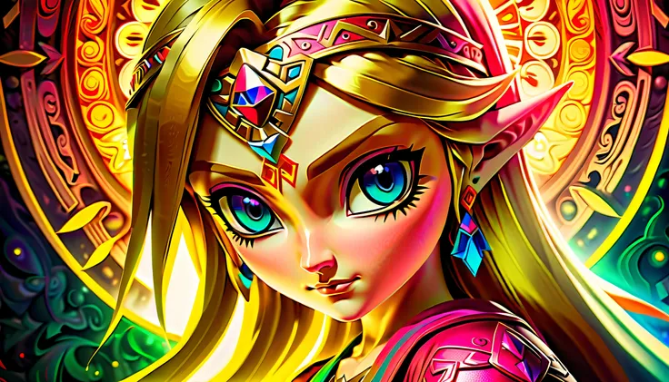 Legend of Zelda character of Princess Zelda oil paint illustration, beautiful detail glow, smooth and flowless skin, hauntingly beautiful crimson love with aura of holy, legend of Zelda logo of masterfully executed wall mural background intricate detail, s...