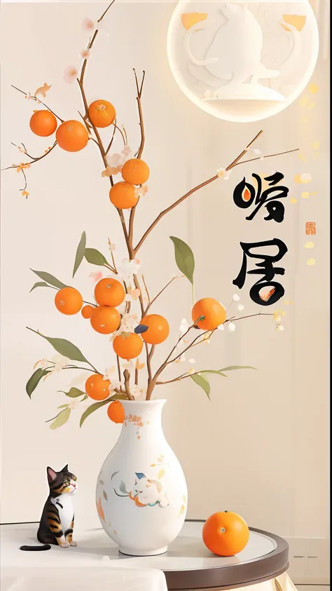 On the table is a vase with oranges and a cat, Middle metaverse, Wang Chen, 千 葉 雄 大, Chinese painting style, komono, Weibo, style of guo hua, 中 国 鬼 节