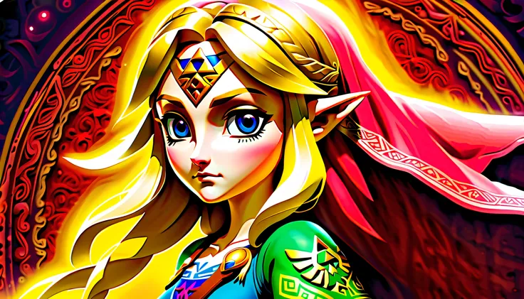 (((Legend of Zelda character of Princess Zelda gouache paint illustration:1.3))), beautiful detail glow, smooth and flowless skin, a heartfelt wish to believe in the future, (((hauntingly beautiful crimson love with aura of holy:1.1))), (((with keep love i...