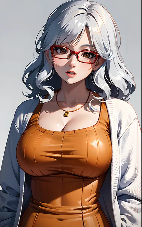 (Best quality, 8k, 32k, Masterpiece, UHD:1.2),Photo of Pretty Japanese woman, milf, large breasts, red round glasses,very frizzy white hair, white eyes, orange suit,upper body,(oversized_sweater,:1.1) necklace, simple background, looking at around