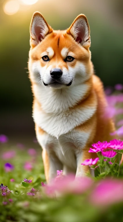 Close-up photo of a Shiba Inu at Sunshine Park，clean back ground，depth of fields，Large aperture，photography of，butterflys，Volume Fog，Halo，florals，Dramatic atmosphere，at centre，The Rule of Thirds，200mm 1.4F macro photography