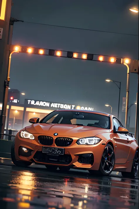 A BMW sports car，k hd，professional photoshooting，rained，nigth，Red street lights，towns，