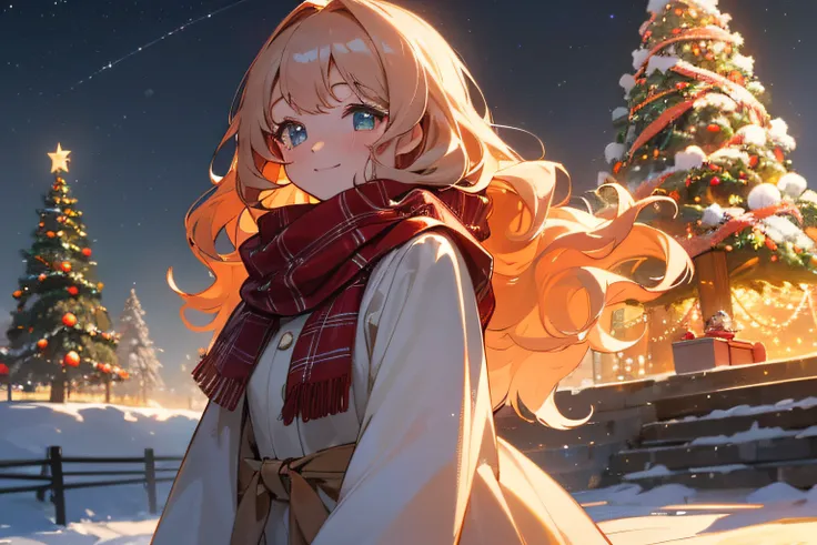 (High quality, 8K), (Soft light),Winters, Upper body, (Christmas,Christmas tree:1.2, illumination:1.1), Wavy Hair, Winter scene, Detailed face, Detailed eyes, Detailed beautiful hair, Night, Starry sky, Sparkling eyes, Warm, Casual dress, Red plaid scarf, ...