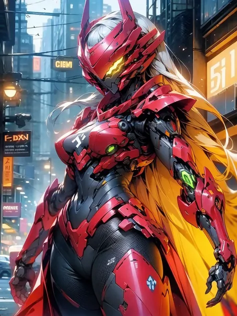 (masterpiece,best quality: 1.2),(ultra-detailed face),(no headgear),her armor glows red as the neon city lights dance across its...