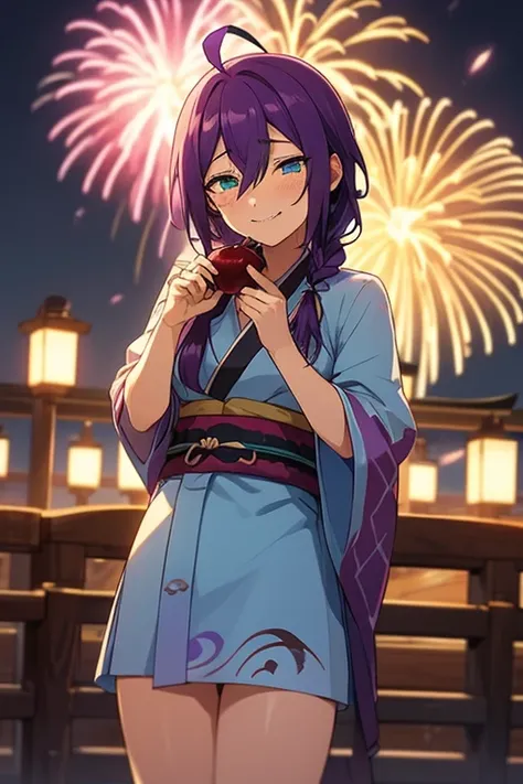 long hair, mole under mouth, purple hair, single braid, hair between eyes, aqua eyes, sharp teeth, ahoge, 1girl, blush, gentle smile, cowboy shot, yukata, night, japanese festival, matsuri, fireworks, apple candy