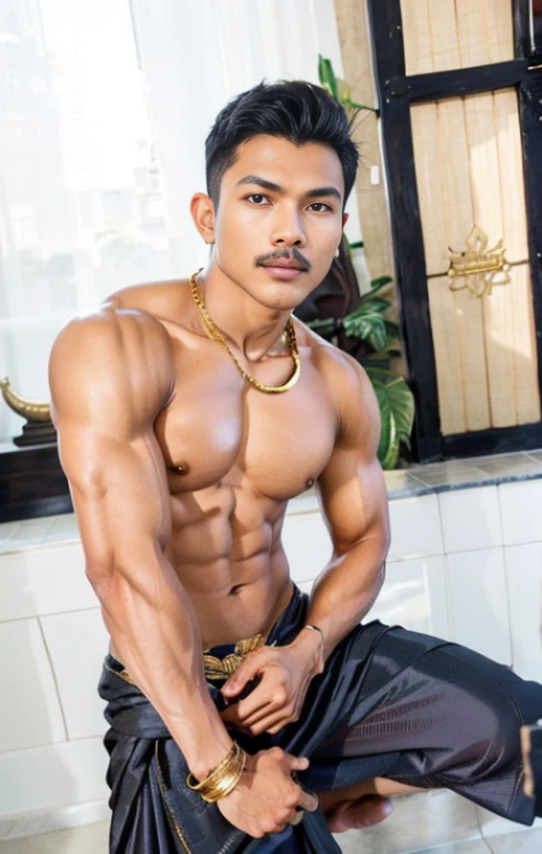 masuter piece、well built、jefri nichol a javanese Male、Age 15、Hot Guy、sexy moustache, muscular、macho、wearing majapahit kingdom costume, gold head band, gold shoulder band, gold necklace, gold crown, hair bund,  long-haired、Fade Cut、bodybuilder, Large body、l...