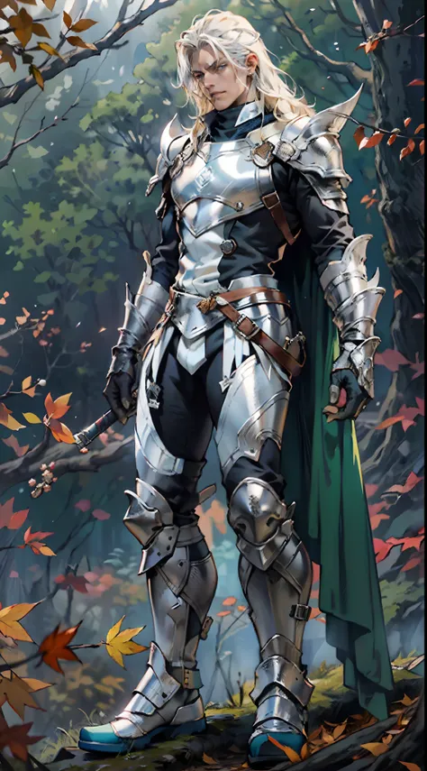 A middle-aged man, long platinum-blond hair, neatly combed hair, a square face, a serious expression, sharp eyes, tall figure, a dark fantasy-realistic style bodysuit, short sleeve, a silver-white chestplate, gloves with metal accessories, three metal blad...