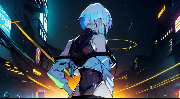 in full height, Beautiful figure, Lucy from the anime series Cyberpunk Edge Runner, a 1girl, facing the viewer, Beautiful figure (Proper Anatopy 1.1.), in full height (Body Full 1.1), Anime style, white colored hair, white colored hair, that disappear at t...