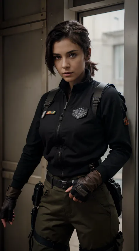 1 woman, beautiful eyes, purple eyes, blackish brown hair, wolfcut hairstyle, back hair tied, wearing black clothes combined with gloves, wearing a military vest, wear a helmet; mohawk mk2 battery pouch, wearing army trousers, kneepads, wearing gloves; vis...