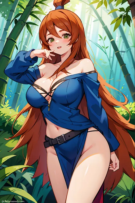 nar_Terumi_Mei,Large breasts，Off-the-shoulder attire，cleavage，bamboo forrest