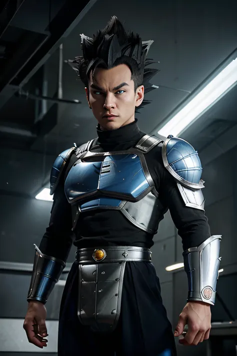 a cartoon of a vegeta with a blue silver armor and black hair, a picture by Akira Toriyama, pexels, sōsaku hanga, vegeta, prince vegeta, with vegeta head hair, character dragonball, dragon ball super, movie still of robot goku, dragon ball z, wild spiky bl...