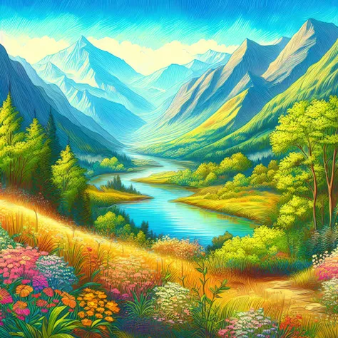 painting of a mountain valley with a river and flowers, in a mountain valley, scenery art detailed, vibrant gouache painting scenery, mountain valley, scenery artwork, detailed landscape, by Igor Grabar, bright landscape, lovely valley, nature painting, lu...