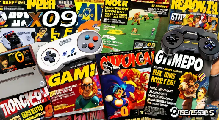 um close up de um monte de revistas com um controlador de jogo, 9 0 s jogos, Revista 3do, 3 da revista, nostalgia dos anos noventa, manga and anime 1990 high detail, Sega Genesis, Super Nintendo, 9 0 s jogo de tiro em primeira pessoa, Capa da Gamers Magazi...