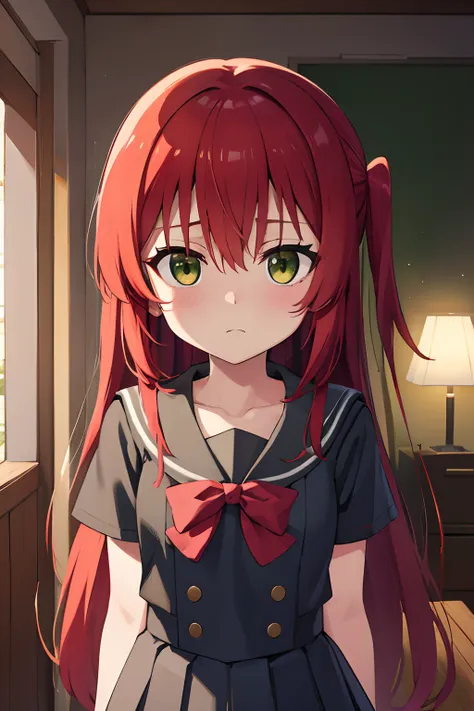 kitaikuyo, ikuyo kita, (green eyes:1.5), hair between eyes, long hair, one side up, red hair, (flat chest:1.2),
break black foot...