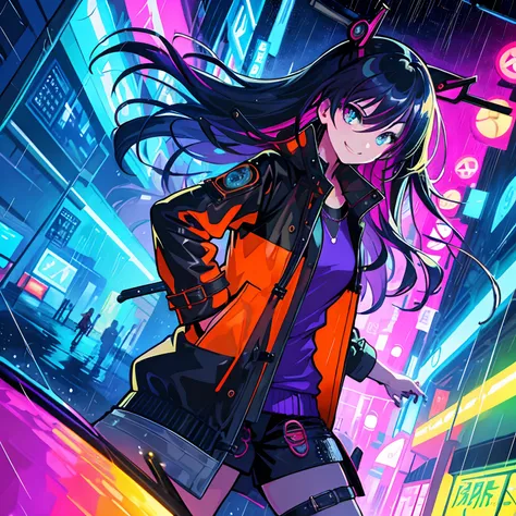 1girll,Night City,rain,Coat,Hands in pockets, Smiling, dangerous, Serious eyes, Vibrant colors, highest quality digital art, stunning art, Wallpaper 4k