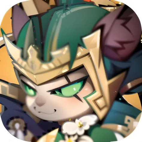 Close-up of a green-eyed cartoon character, discord pfp, nefarious smirk, the goddess artemis smirking, lady palutena, Loki, wearing golden cat armor, ultra high pixel detail, character art closeup, hyper detail portrait, palutena, crocodile loki, Super de...