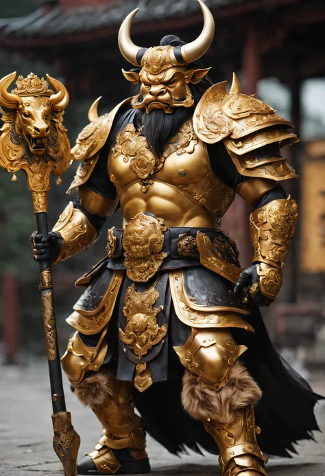 Realistic style photo full body of Chinese god legend buffalo with a human body holding Double Edge long handle Axe,bull face, bull head, wearing golden hanfu armor with intricately carved gold color steel armor, looks like a strong and dashing heroic gene...