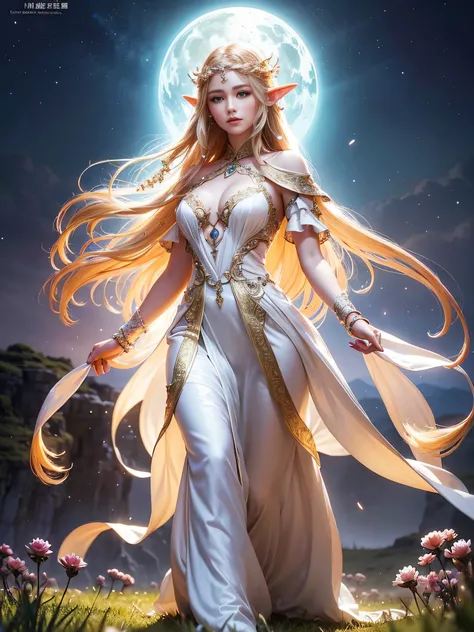 Graceful elven girl standing in meadow, Delicate face illuminated by the soft light of the setting sun. Her long, Flowing hair runs down your back, Decorated with intricate braids、Adorned with sparkling gemstones. This great photo is、、、It captures the ethe...