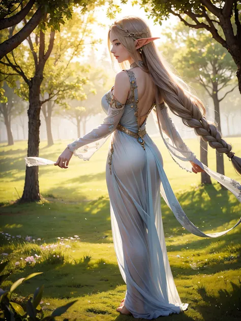 Graceful elven girl standing in meadow, Delicate face illuminated by the soft light of the setting sun. Her long, Flowing hair runs down your back, Decorated with intricate braids、Adorned with sparkling gemstones. This great photo is、、、It captures the ethe...