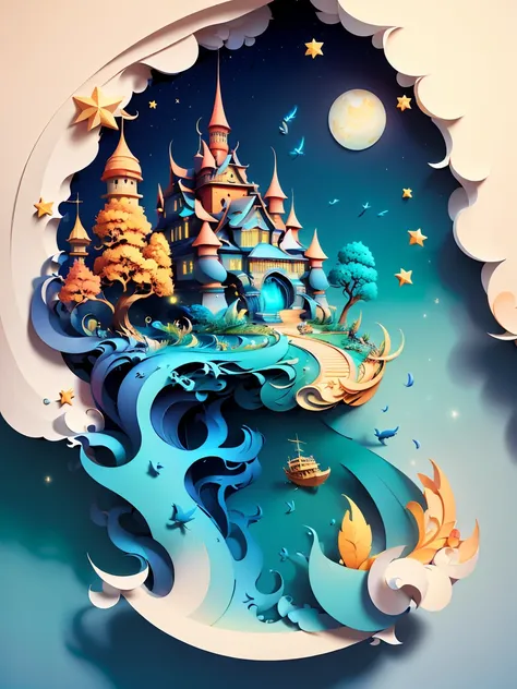 (((masterpiece))),best quality, illustration,  sky, cloud, water, star (symbol), tree, no humans, night, bird, moon, building, star (sky), night sky, scenery, starry sky, watercraft, castle, ship, waves, tower, boat. vibrant color scheme, Soft light,(warm ...