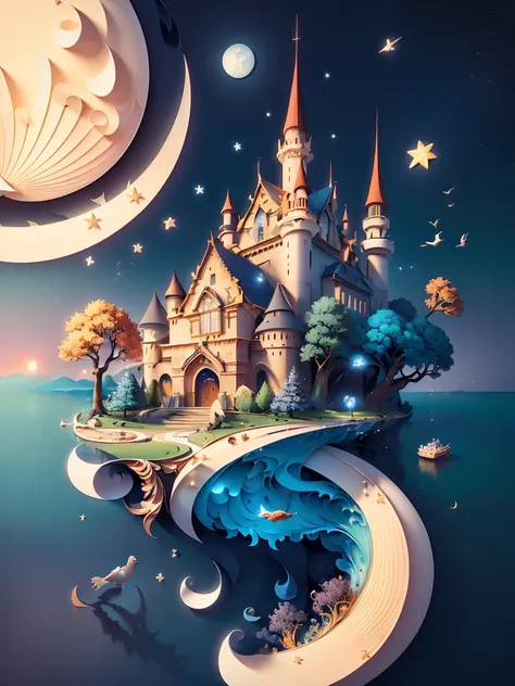 (((masterpiece))),best quality, illustration,  sky, cloud, water, star (symbol), tree, no humans, night, bird, moon, building, star (sky), night sky, scenery, starry sky, watercraft, castle, ship, waves, tower, boat. vibrant color scheme, Soft light,(warm ...