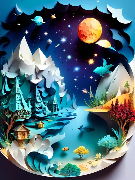 (((masterpiece))),best quality, illustration, earth, water ,fire, wind , space  , paper_cut,