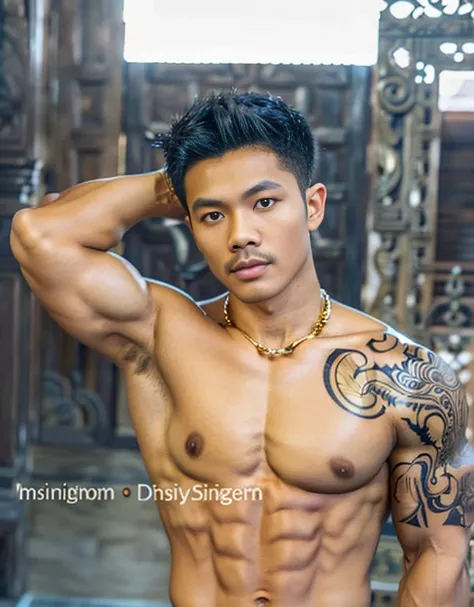 masuter piece、well built、jefri nichol a javanese Male、Age 15、Hot Guy、sexy moustache, muscular、macho、wearing majapahit kingdom costume, gold head band, gold shoulder band, gold necklace, gold crown, hair bund,  long-haired、Fade Cut、bodybuilder, Large body、l...