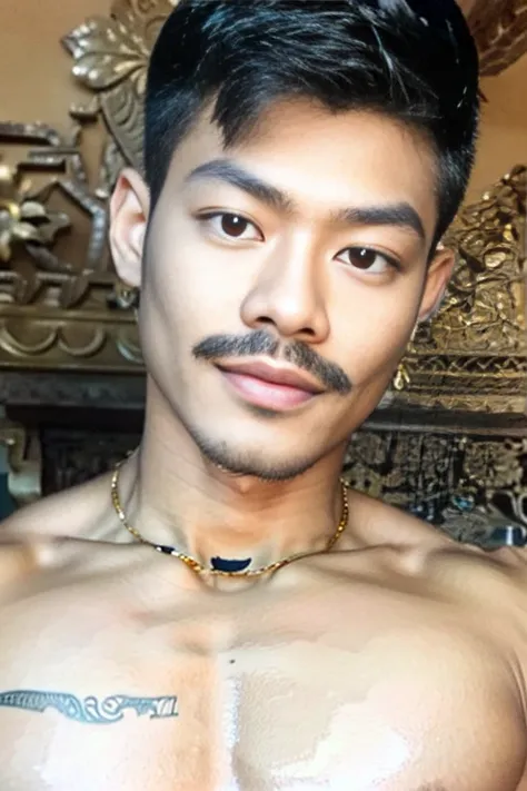 masuter piece、well built、jefri nichol a javanese male、age 15、hot guy、sexy moustache, muscular、macho、wearing majapahit kingdom co...